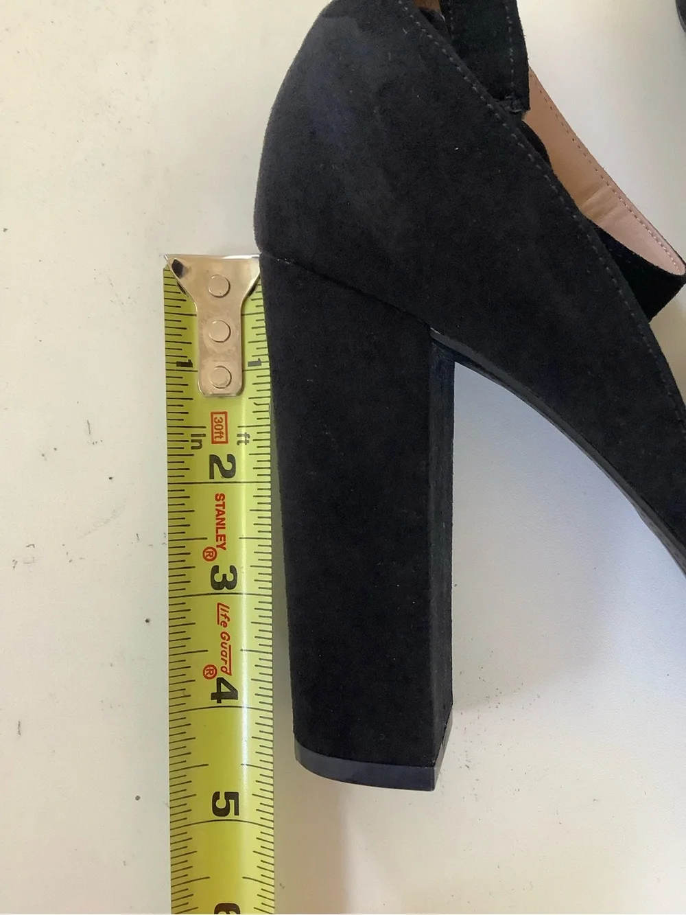 American Eagle Black Suede Platform Peep-Toe Heels with Ankle Buckle 5.5 - Picture 6 of 7
